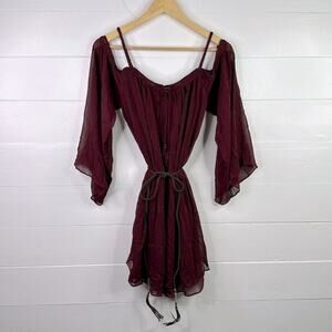 DOUBLE ZERO Wine‎ Open Shoulder Wide Sleeve Polyester Tassle Dress Size Small